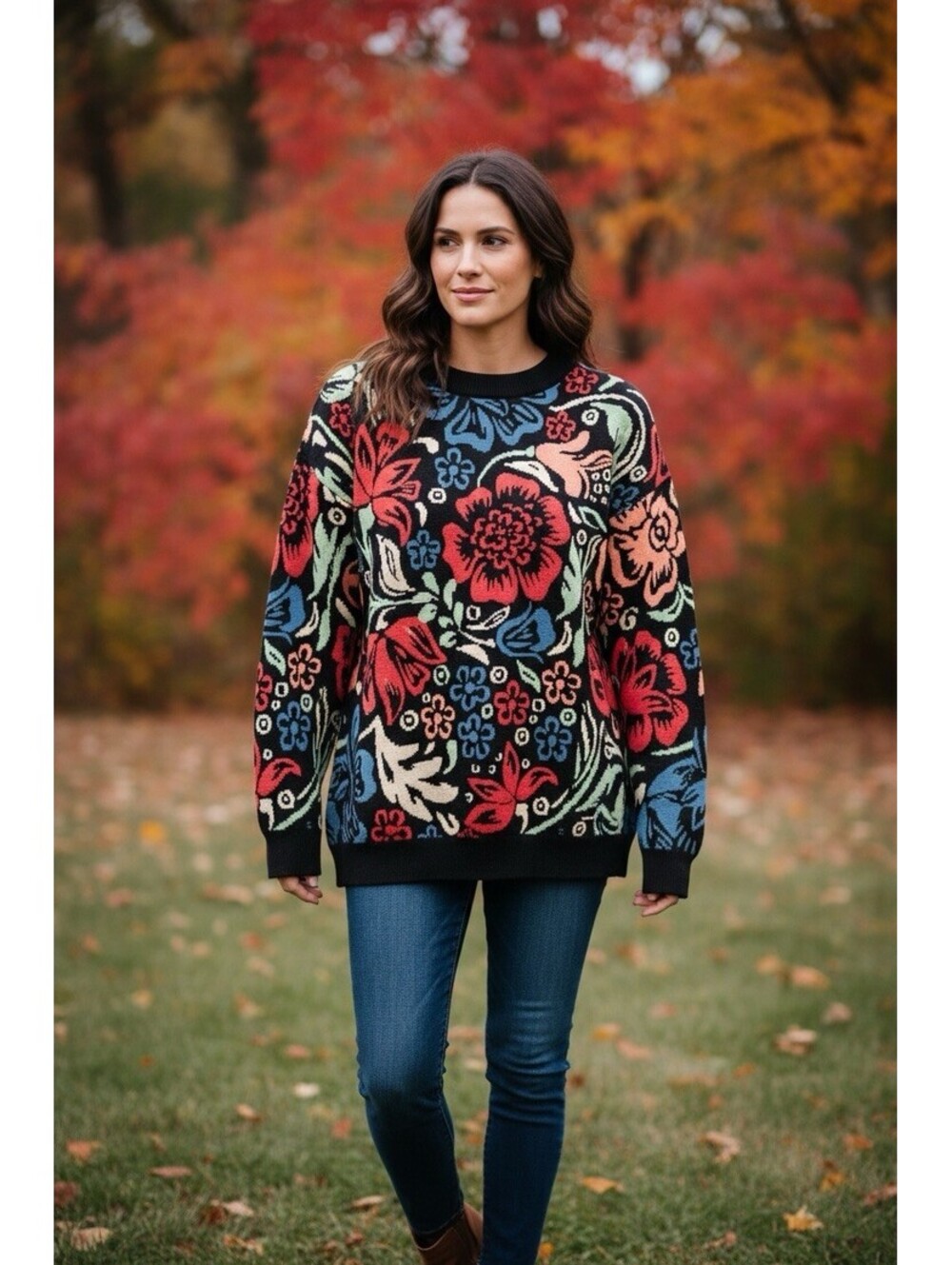 Molly Green Sz S Black Fall Floral Jacquard Pullover Sweater Crew Neck FF799